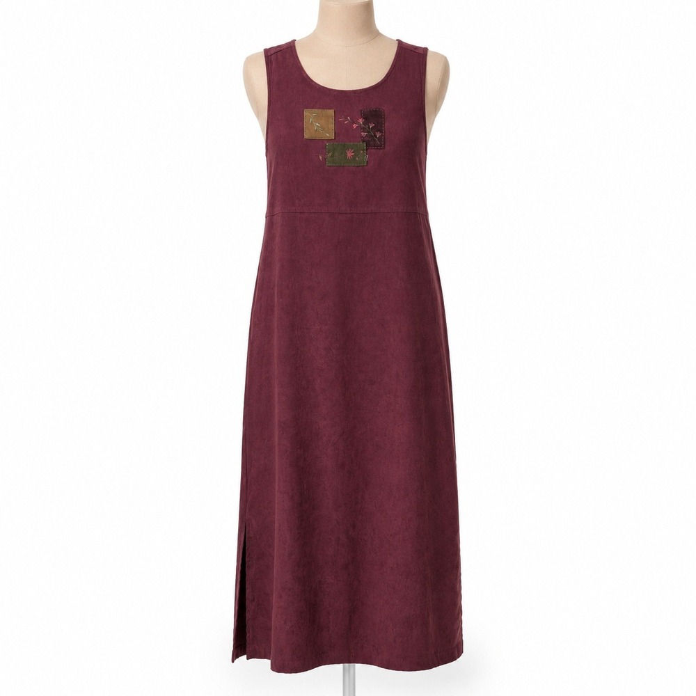 Vtg 90s Floral Embroidered Jumper Maxi Dress Size L Burgundy Cottagecore Prairie